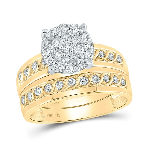 10K Yellow Gold His Hers Round Diamond Cluster Matching Wedding Set 3/4 Cttw, Womens Size: 5-10, Mens Size: 7-13