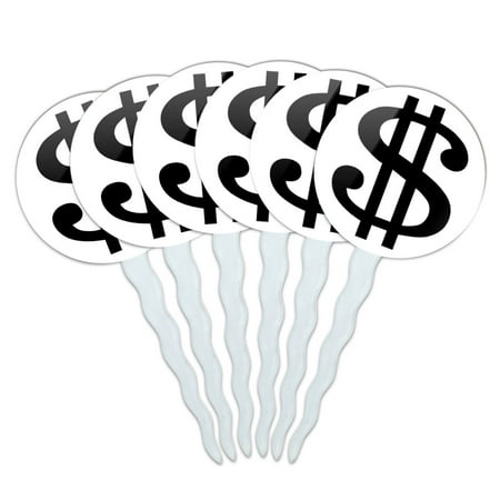 - Dollar Sign White and Black Cupcake Picks Toppers - Set of 6