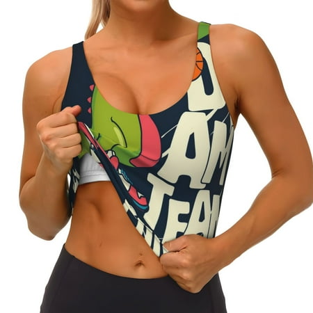 Qokaie Dinosaur Basketball Player Pattern Womens Scoop Neck Sports Bra Breathable Workout Vest Padded U Back Medium Impact Fitness Gym Yoga Bra Workout Crop Top