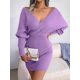 thumbnail image 5 of Vestido Mini de Punto Cruzado de Larga con de Murciélago para Cóctel para Mujer Púrpura S, 5 of 9