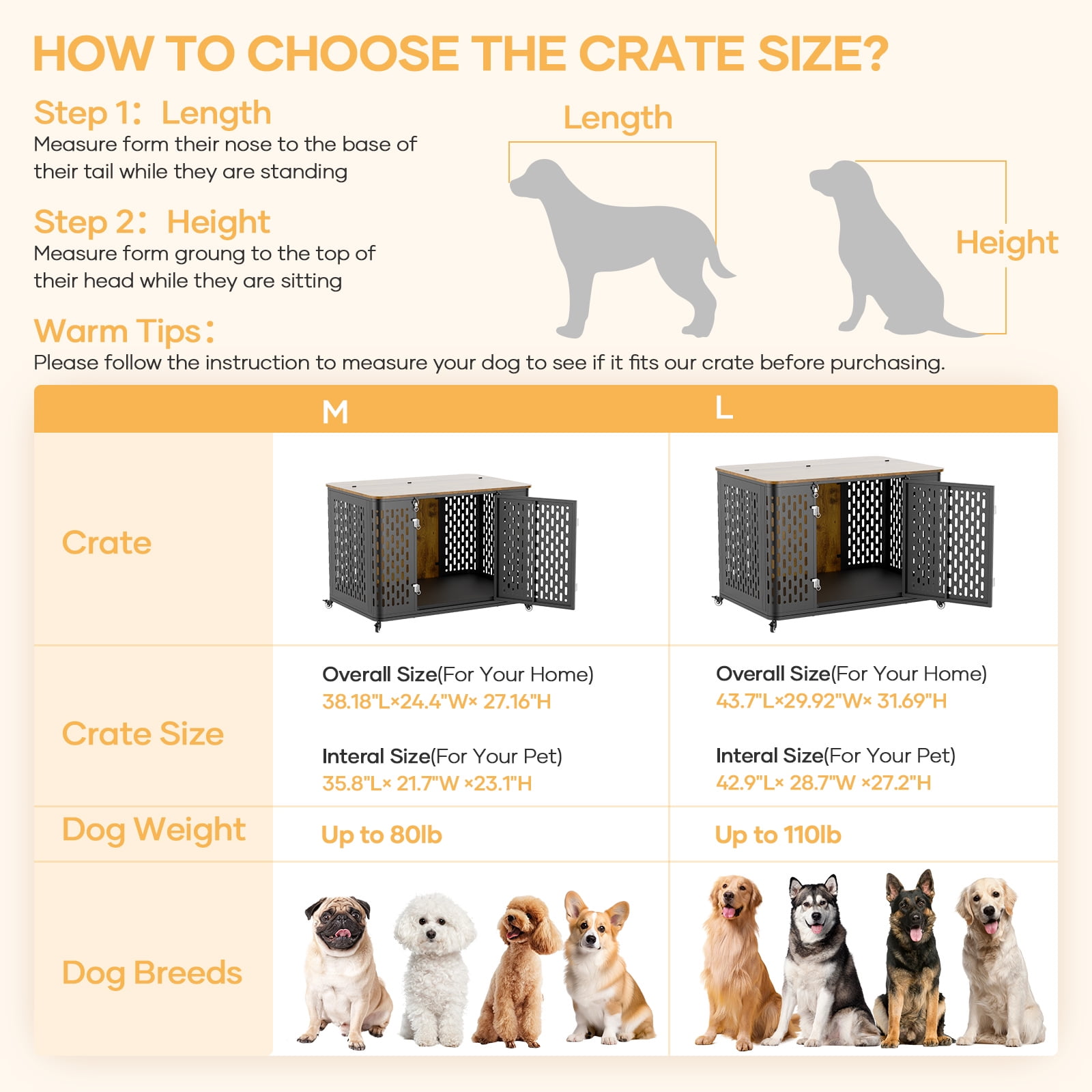 Naipo 38" Heavy Duty Dog Crate Furniture, Chew Proof Prevent Escape Metal Kennel for High Anxiety Dogs, Wooden Side Table,Decorative Coffee Table, Indoor Cage with Cushion, Rustic Brown