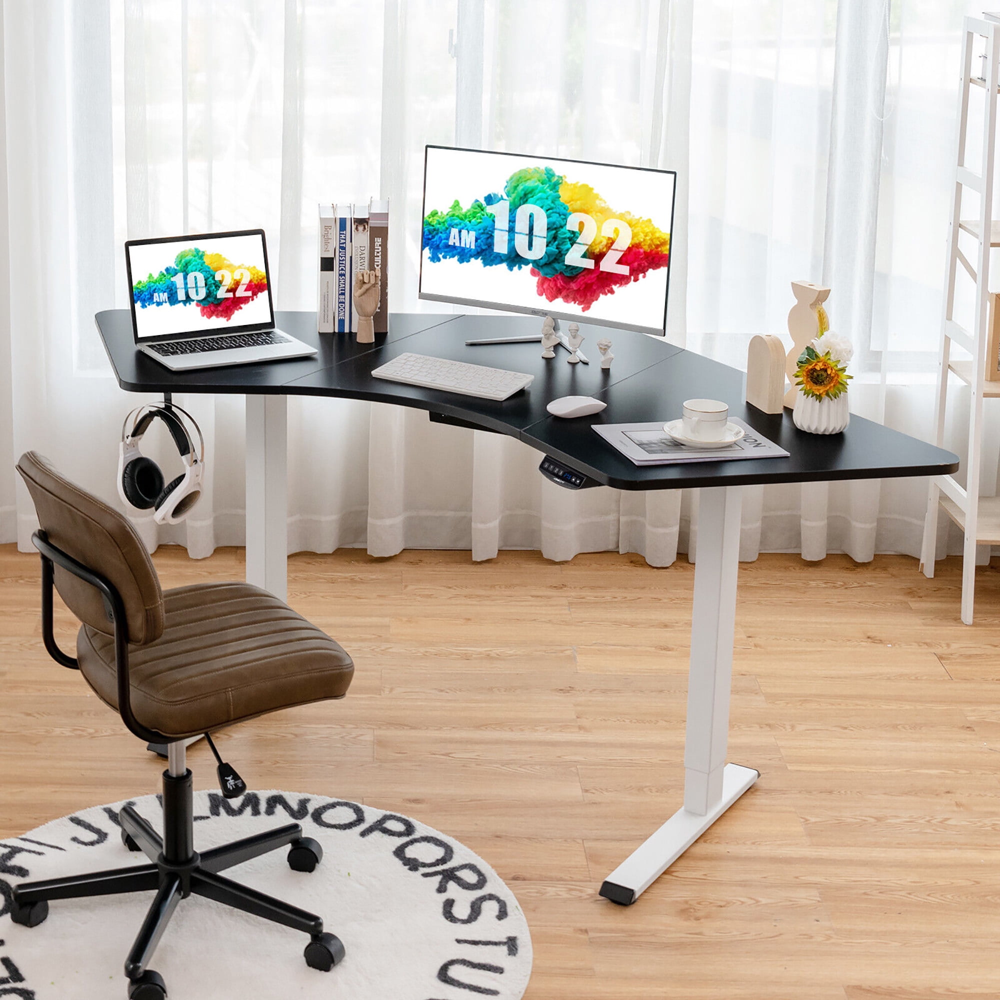 Gymax Dual Motor L Shaped Standing Desk Ergonomic Sit Stand Computer Workstation White Black