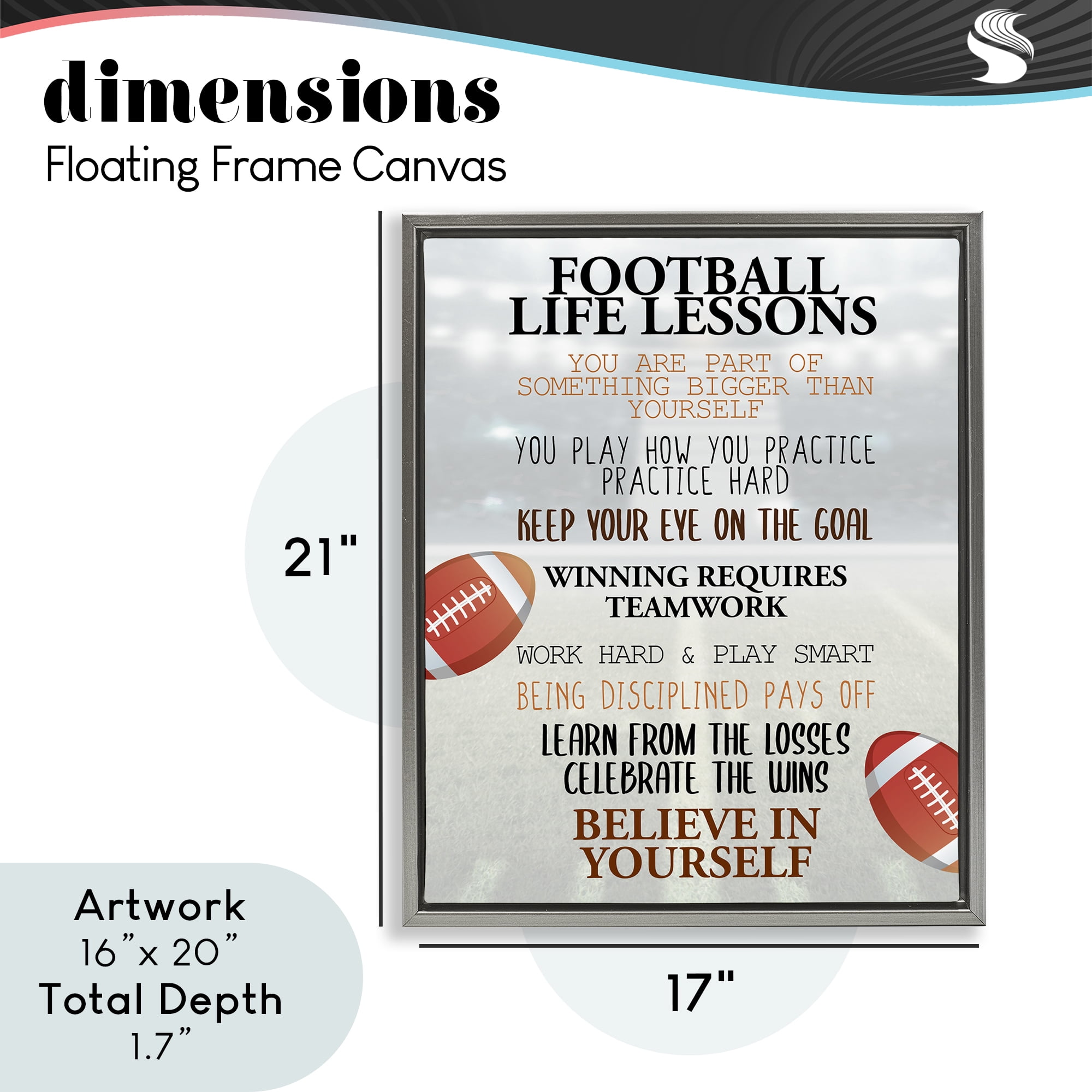 Football Life Lessons Gray Framed Floater Canvas Wall Art, design by Kim Allen