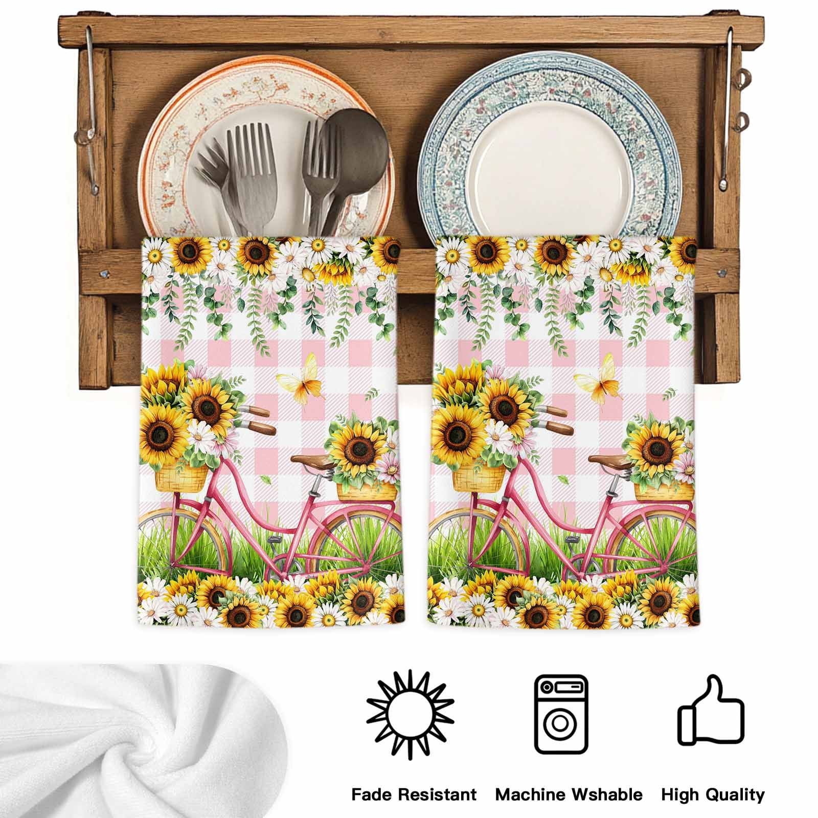 Spring Kitchen Towels Set of 2, Bicycles Blossom Botanical Sunflowers Pink Plaid Absorbent Dish Towels for Kitchen, Microfiber Hand Towel, Quick Drying Tea Towel for Cleaning Decorative Dishcloths