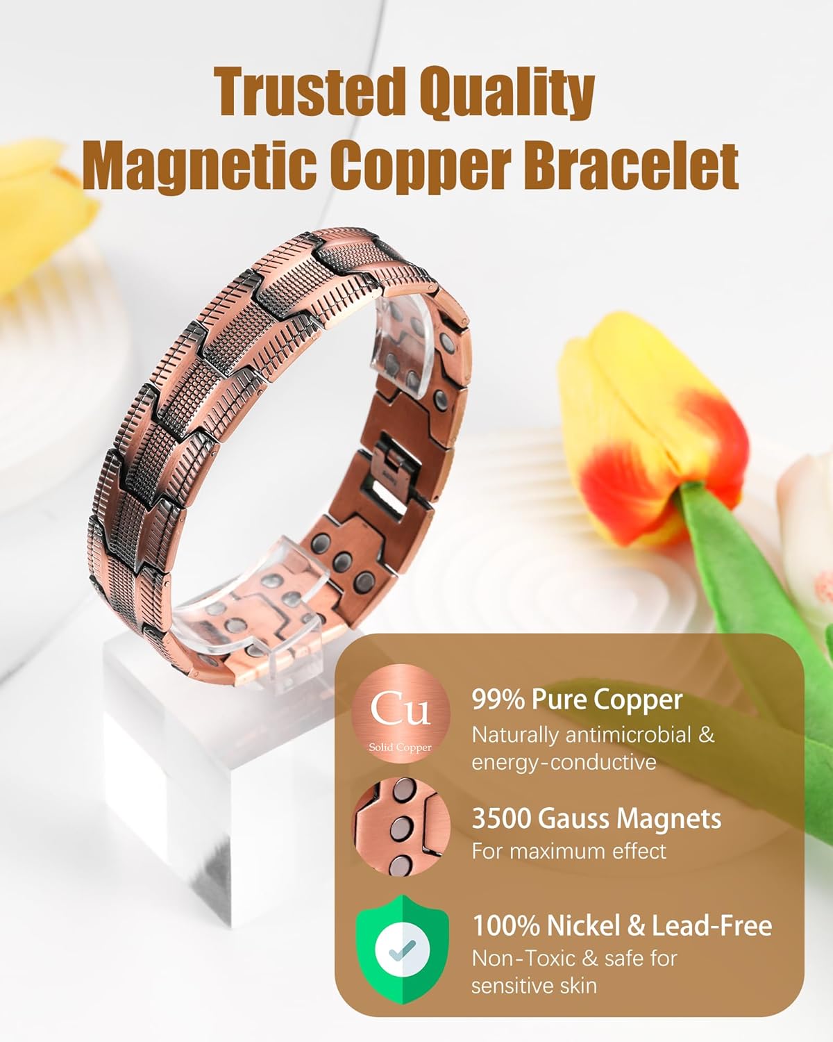 Wollet 3X Copper Magnetic Bracelet Ring for Men 3500 Gauss Magnets, Adjustable Copper Jewelry Gift Set of 2
