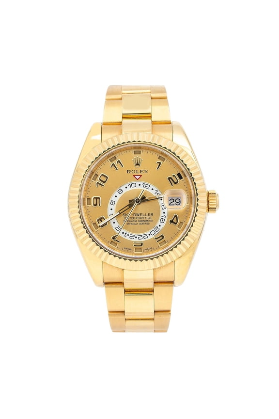 Pre-Owned Rolex Sky-Dweller 42MM 326938 Champagne Arabic Dial Fluted Bezel 18K Yellow Gold Oyster Bracelet