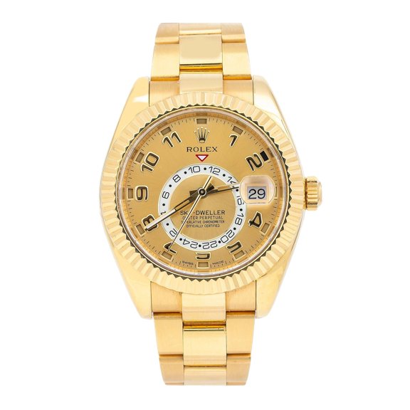 Pre-Owned Rolex Sky-Dweller 42MM 326938 Champagne Arabic Dial Fluted Bezel 18K Yellow Gold Oyster Bracelet