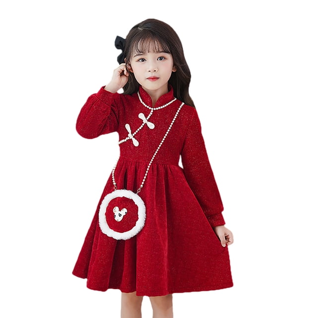 TJAZFJPA Robe Formelle pour Filles Enfants Filles Manches Longues Nouvelle Année Robe Princesse Rouge Épaissie Chaude avec Sac Robe Bleu Bébé