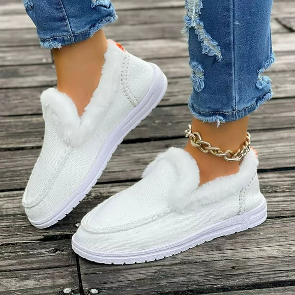 XIMIN Women's Flat Fluffy Snow Boots Ankle Booties Faux Fur Lining Anti-Slip Slip on Loafer Casual Winter Warm Outdoor Cold Weather Plush Short Booties