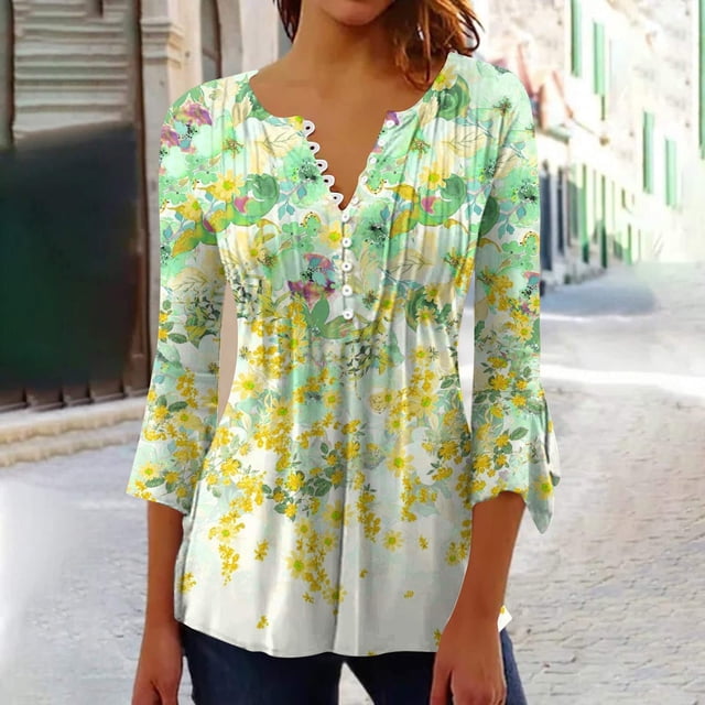 ICHUANYI Clearance Women Fashion Printed Casual V-Neck Short Sleeve Loose T-Shirt Blouse Tops(Green, XXL) ICHUANYI WER2023081001124