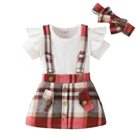 

Toddler Suit Spring And Summer Shor Sleeved Strip Tops Plaid Suspenders Short Skirt Headband 3pcs Girl s Suit For 2-3 Years