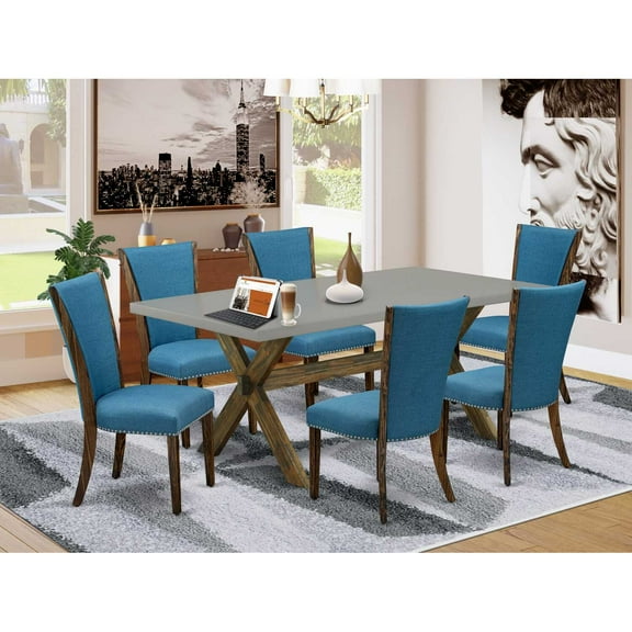 East West Furniture X797VE721-7 7Pc Modern Dining Table Set Contains a Kitchen Table and 6 Parson Dining Chairs with Blue Color Linen Fabric, Distressed Jacobean and Cement Finish