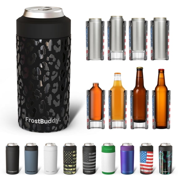 Frost Buddy Universal Buddy Can Cooler - Fits All - For Regular 12 & 16 oz or Slim-Size Bottles - Insulated Double-Walled Stainless Steel (Black Leopard)