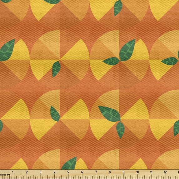 Abstract Fabric by the Yard, Summer Fruits Citrus Circles Along Fractal Slices and Leaf Juice Fresh, Upholstery Fabric for Dining Chairs Home Decor Accents, Orange and Vermilion by Ambesonne