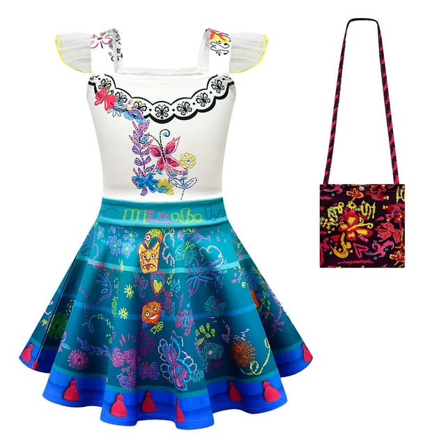 HAWEE Robe de Costume Mirabel Madrigal Cosplay Mirabel/Dolores/Pepa /Isabela/Luisa Tenue de Princesse Jupe Brodée avec Sac Ensemble pour Filles