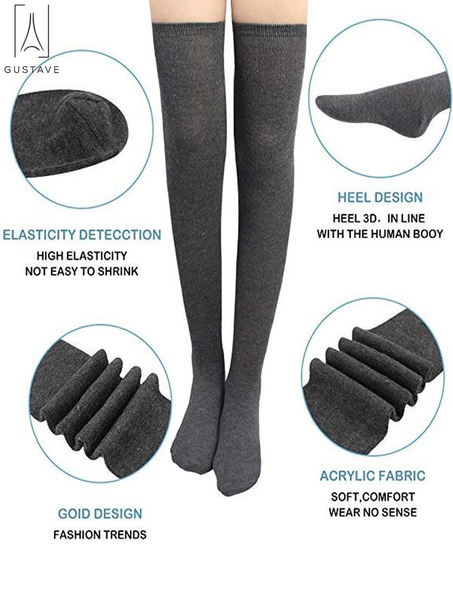 Gustave 2 Paris Women Girl Extra Long Fashion Thigh High Socks over the Knee High Boot Stockings Leg Warmers Lady Party Dress "Gray, 2 Pair" - image 5 of 10