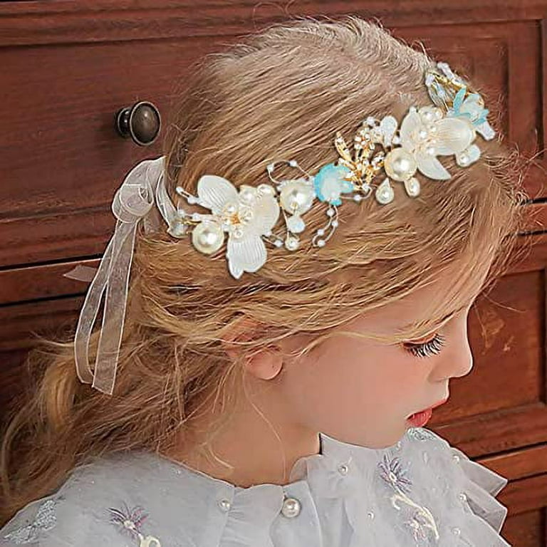 Crystal Pearl Bridal Headband Flower Girl Hairpiece Adjustable BGZLEU Flower Girl Headpiece，Pearl Bridal Headband， Flower  main image 4