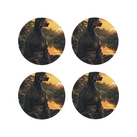 

Fuzoiu Sunset Meditating Doberman Print Leather Coasters Set Drink Coasters Set of 4 for Tabletop Protection Durable PVC Coasters Home Décor and Housewarming Gift-Round Shape