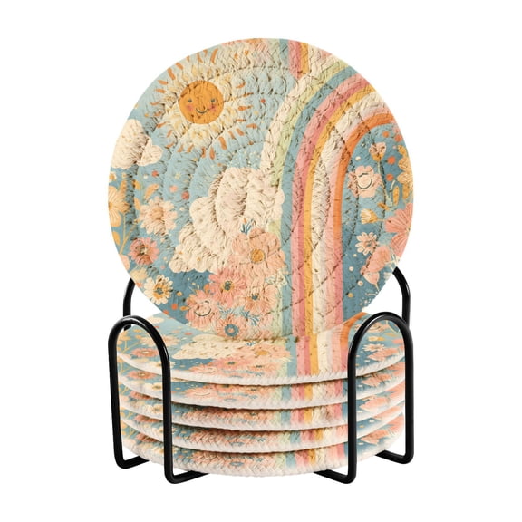 Yayeee 6 PCS Drink Coasters with Holder Set Woven Absorbent Round Tabletop Hot Pad, Beige Rainbow Clouds