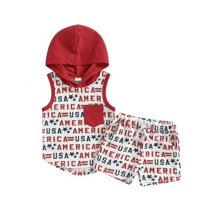 

Arvbitana Infant Baby Boys 4th of July Summer Newbron Baby Shorts Set Sleeveless Hooded Tops Drawstring Shorts Infant Independence Day Outfits