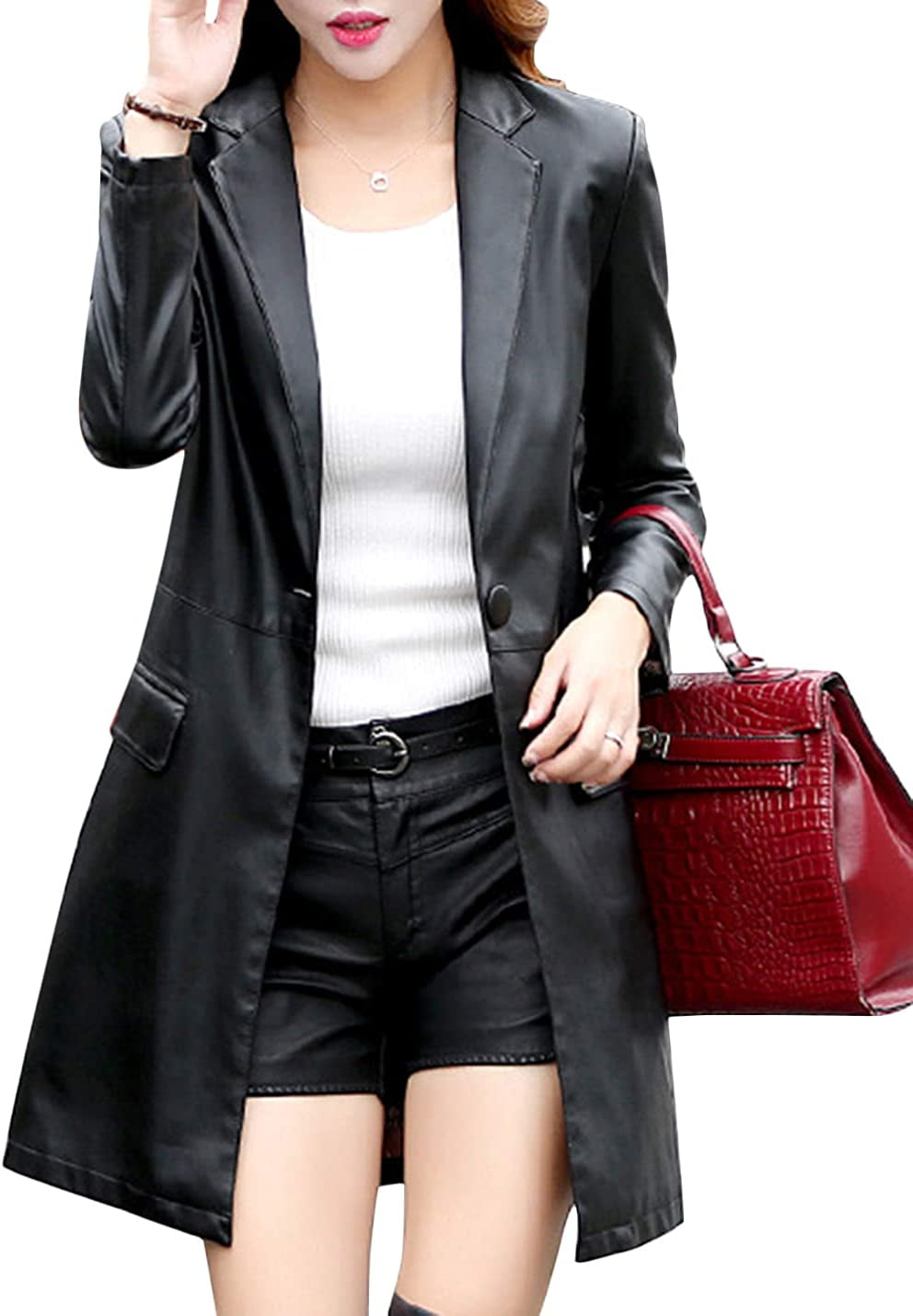 PIKADINGNIS Womens PU Faux Leather Jacket Casual Lapel Long Suit Trench  Coat Outerwear