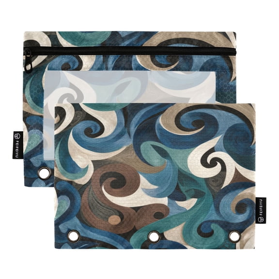 2 Pack 3 Ring Binder Pouch with Clear PVC Window Water Resistant Zipper Pencil Pouch Dark-toned Swirl Pattern Binder Pocket for Classroom Office Home Stationery Organization