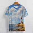 thumbnail image 3 of Lighthouse Sunrise Coast Scenery Pale Blue Tan Women's Short Sleeve T-Shirt Crew Neck Casual Summer Trendy Loose Fit Tops, 3 of 6