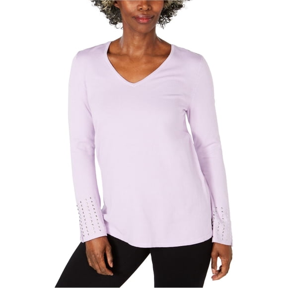 JM Collection suéter con puños tachonados para mujer, morado, pequeño