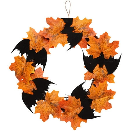 

10inch Halloween Maple Wreath Artificial Maple Leaf Bat Vine Garland Door Hanging Pendant for Party Thanksgiving Harvest’s Day Decoration