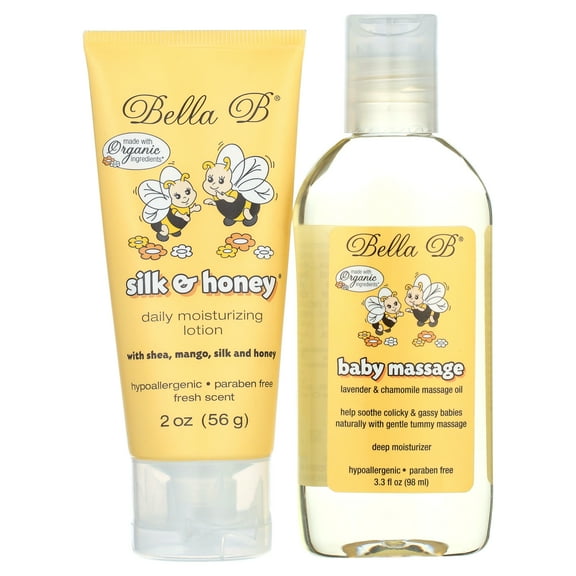 Bella B Bundle Baby Massage Oil 3.3 oz & Silk & Honey Baby Lotion 2 oz - Baby Oil Organic - Organic Baby Oil - Natural Baby Lotion - Organic Baby Lotion - Organic Baby Products - Organi