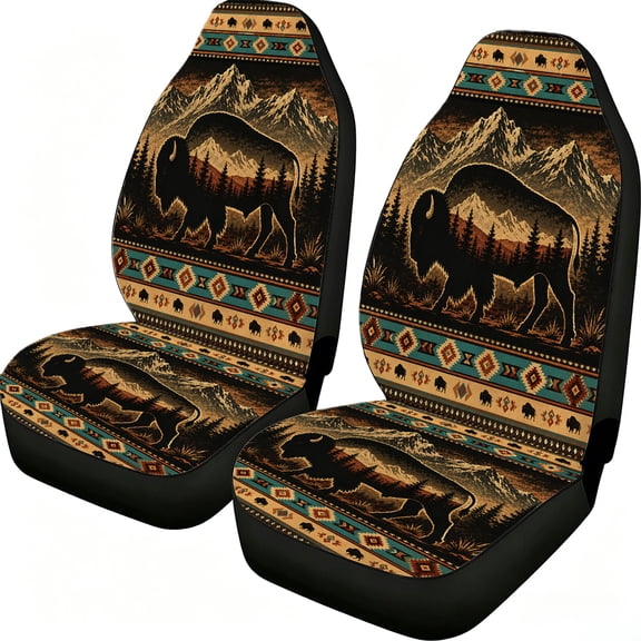 Odenmar Teal Brown Buffalo Mountain Print Car Seat Covers 2 Pack, Mesh Fabric Front Bucket Seat Protectors, Universal Fit Cars SUVs Trucks Vans