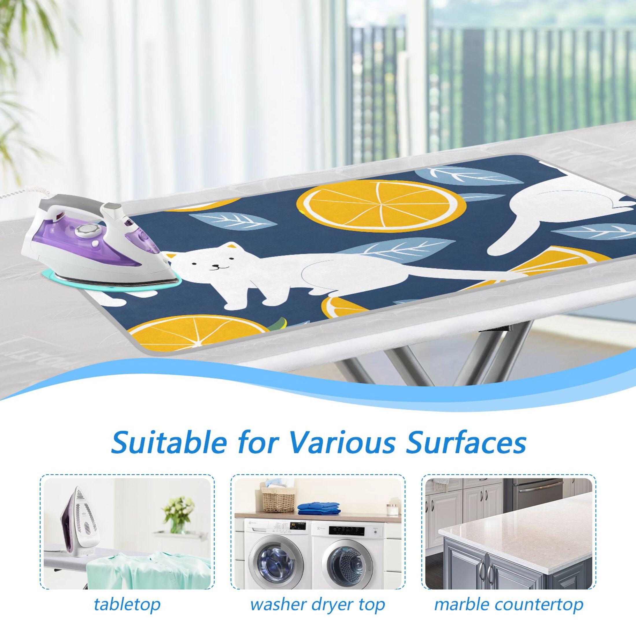 Cutie White Cat Lemon Leaf Ironing Mat Blanket Portable Travel Ironing Pad Heat Resistant Pad 47.2" x 27.6”