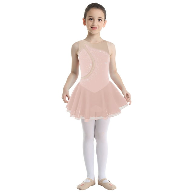 YONGHS Kids Girls Sparkly Rhinestones Figure Ice Skating Tutu Dress Ballet Gymnastic Leotard Pink 10
