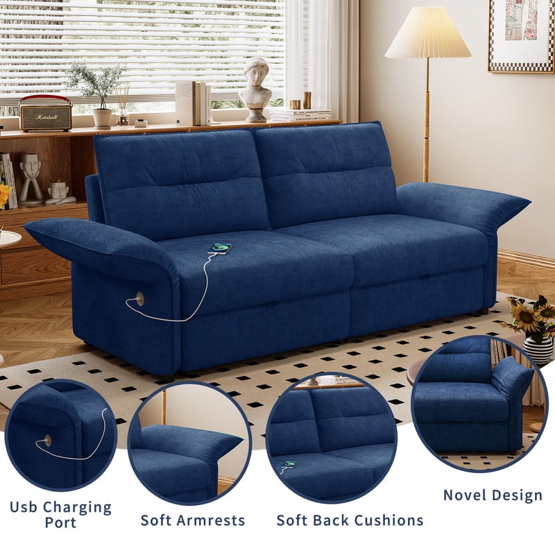85" Convertible Sofa Bed, 2-in-1 Sleeper Sofa with Plush Fabric, Full-Size Pull-Out Couch with USB Charging Ports, Solid Wood Frame, High-Resilience Foam for Living Room & Small Space