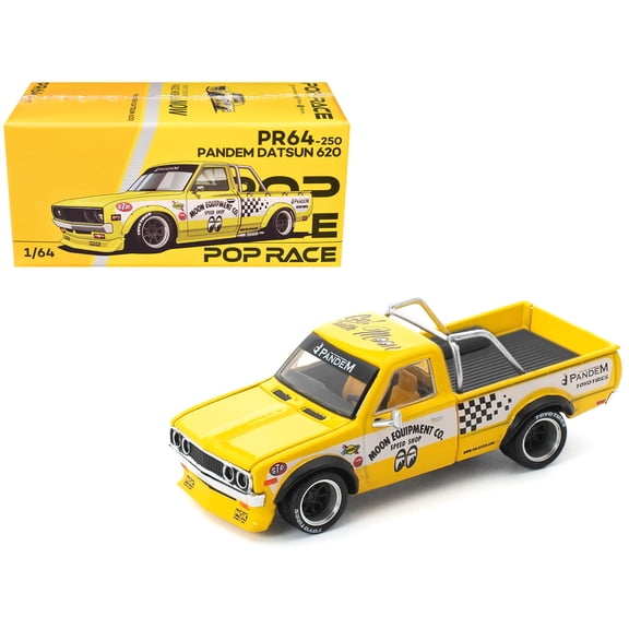 Datsun Pandem 620 Pickup Truck "MoonEyes" Yellow with White Sides and Graphics 1/64 Diecast Model Car by Pop Race