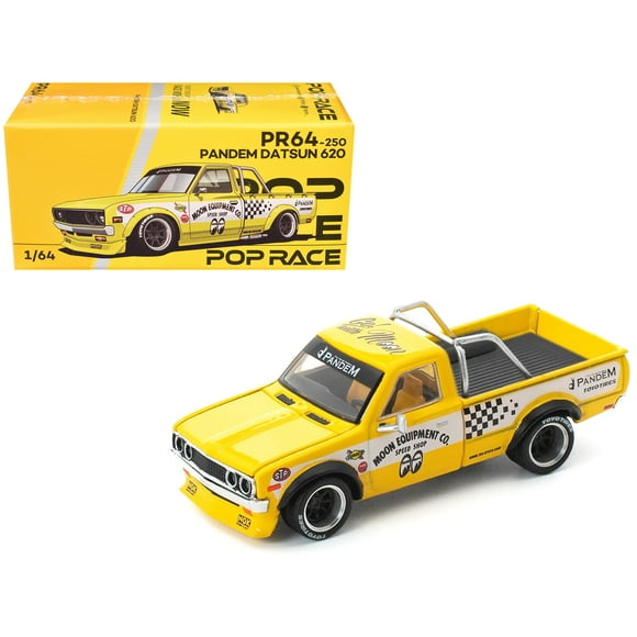 Datsun Pandem 620 Camionnette "MoonEyes" Jaune avec Côtés Blancs et Graphiques Modèle Réduit 1/64 par Pop Race