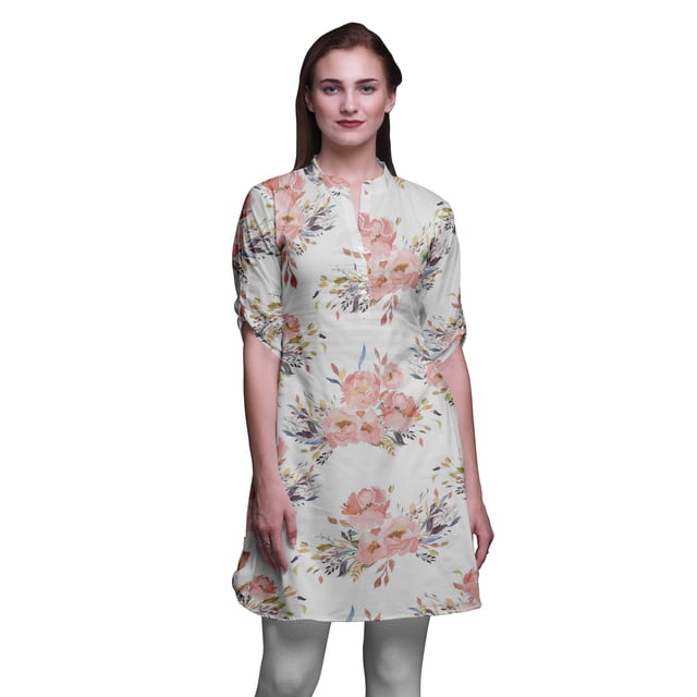 Bimba Kurti à Manches Retroussables pour Femmes, Col Mandarin Imprimé, Hauts de Kurti Courts