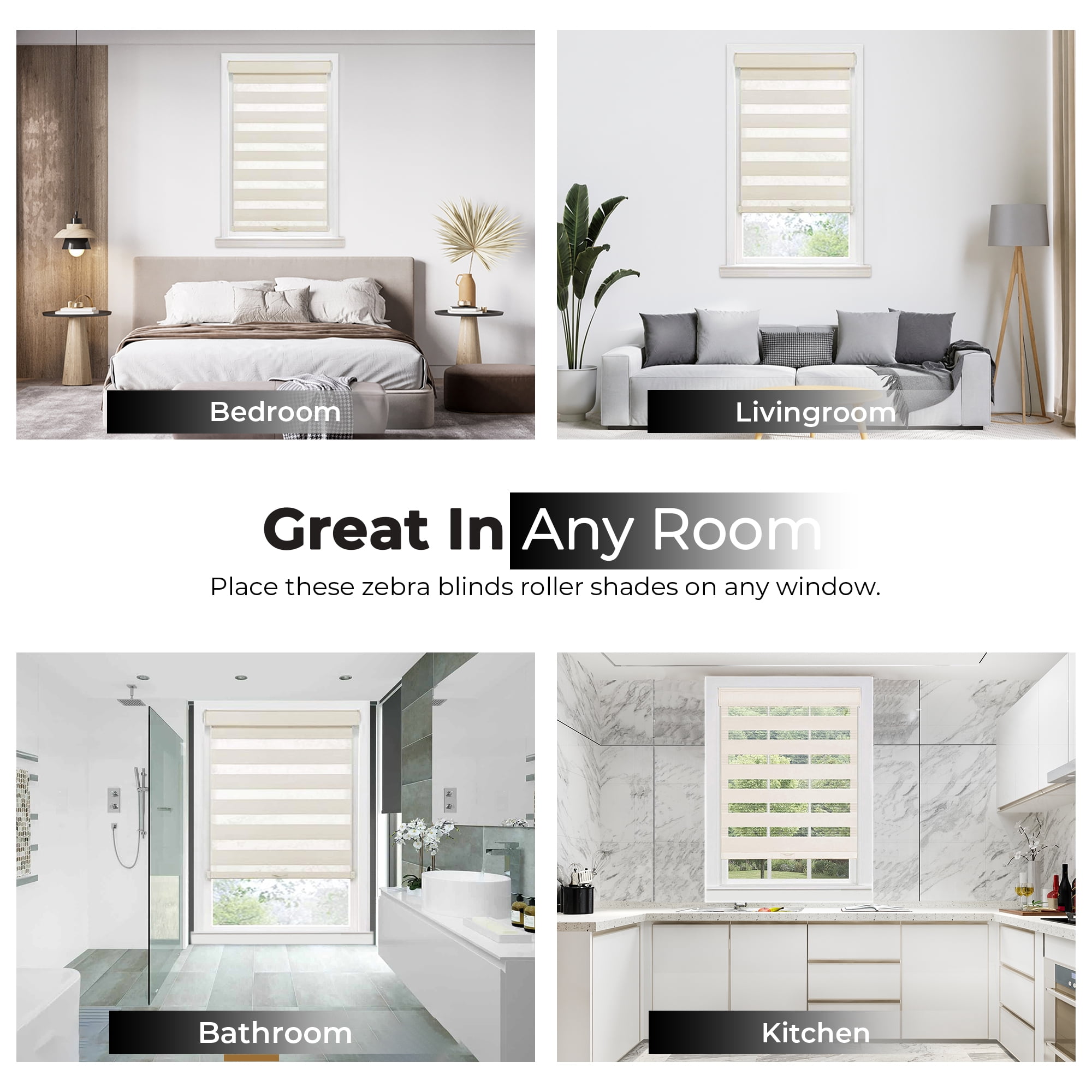 PowerSellerUSA Cordless Zebra Blinds Roller Shade, Celestial Sheer Double Layered Window Shade Privacy Light Control, Day and Night Window Drapes, 43" x 72", Linen