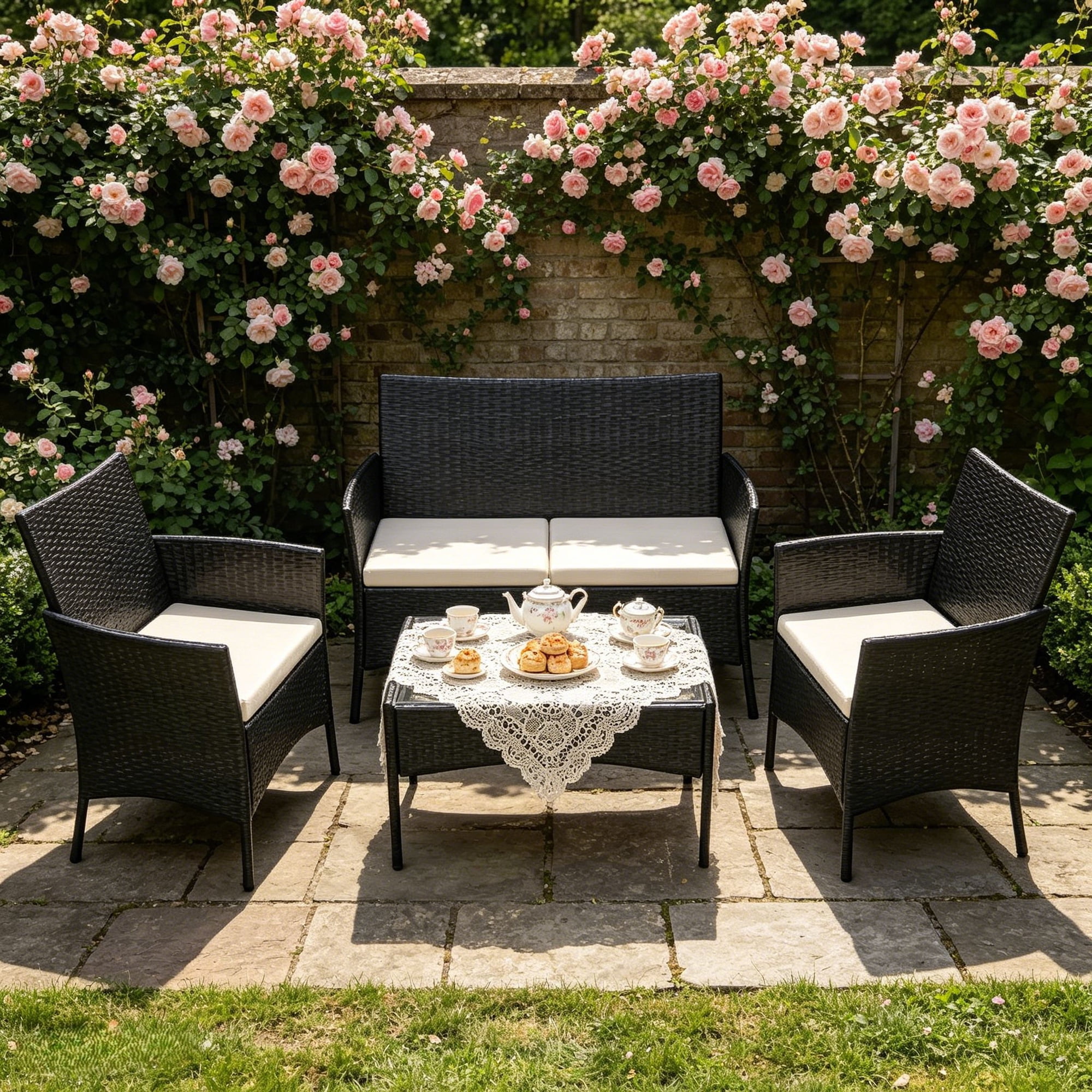 Ktaxon 4 Piece PE Rattan Wicker Outdoor Patio Conversation Set with Glass Coffee Table and Beige Cushions, Black Gradient