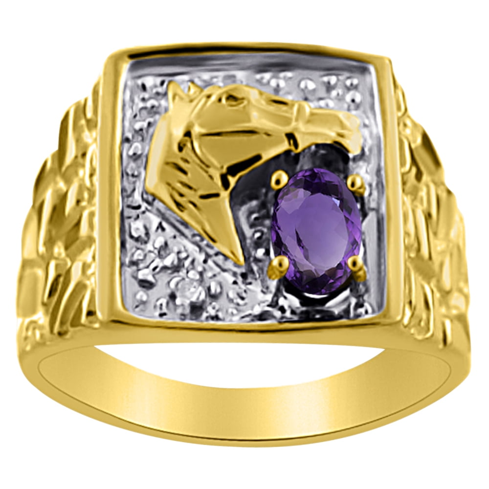 Mens Diamond & Amethyst Ring 14K Yellow or 14K White Lucky Horse Head by Elie Int.