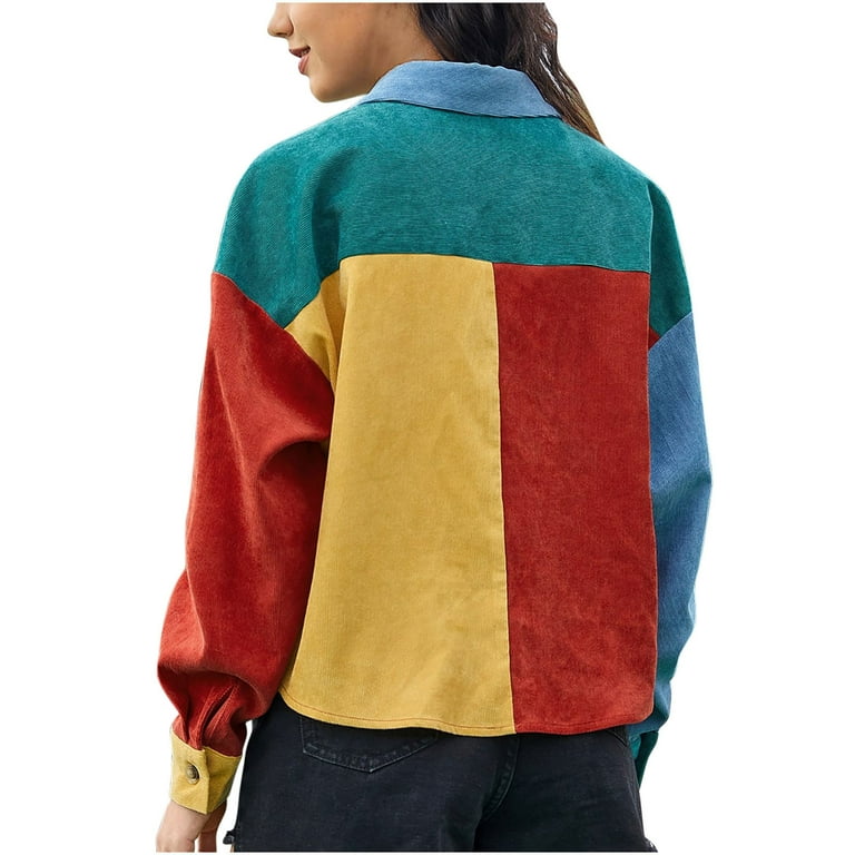 RYRJJ Women s 2023 Fall Fashion Corduroy Short Jackets Long Sleeve Colorful Striped Button Down Shirts Shacket Jacket Multicolor L Walmart