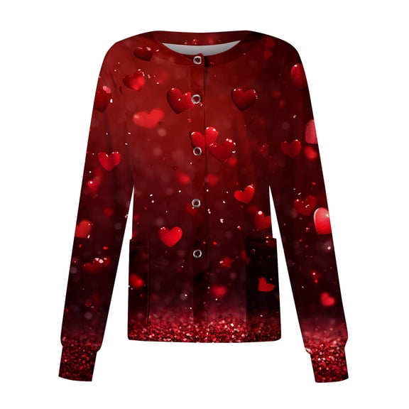 Women Valentines Day Scrub Jackets Plus Size Hoilday Long Sleeve Cute Love Hearts Graphic Scrub Tops Casual Button Snap Front Scrubs Nursing Uniform Medical Nurse Workwear with Pockets Deep Red L