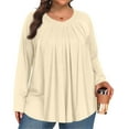 thumbnail image 2 of Dwralegc Flowy Boho Tops for Women Long Sleeves Round Neck T-Shirts Casual Fall Pleated Boho Tunic Top Oversized Loose Fit Solid Color Blouses Khaki XL, 2 of 5