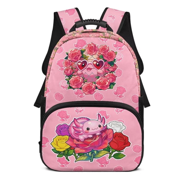 KUIFORTI Pink Rose Axolotl Print Kids School Backpack for Elementary Students Lightweight Large Capacity Backpack with Adjustable Straps Back to School Supplies for Kids