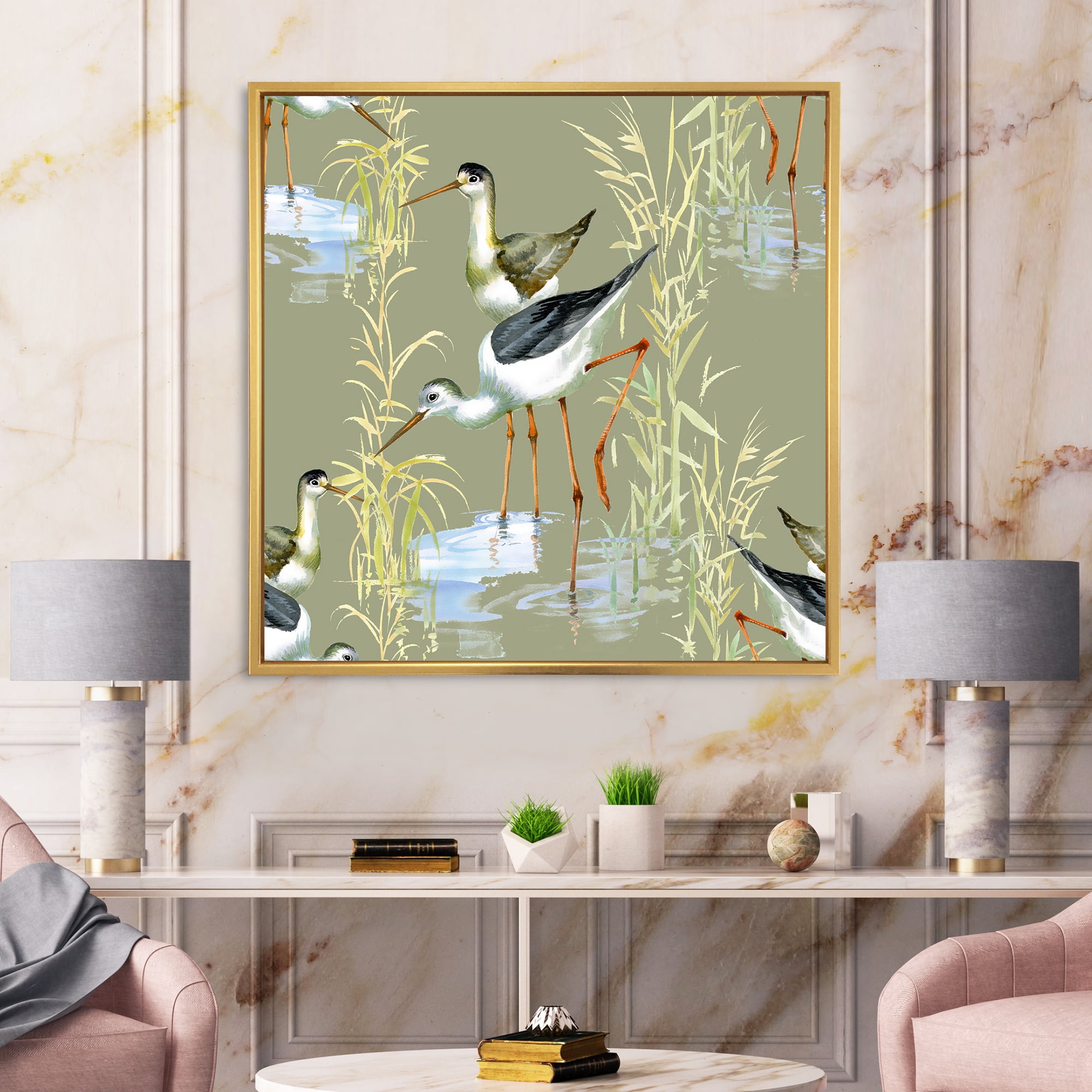 Designart 'Herons Birds In The Gray Water' Farmhouse Framed Canvas Wall Art Print