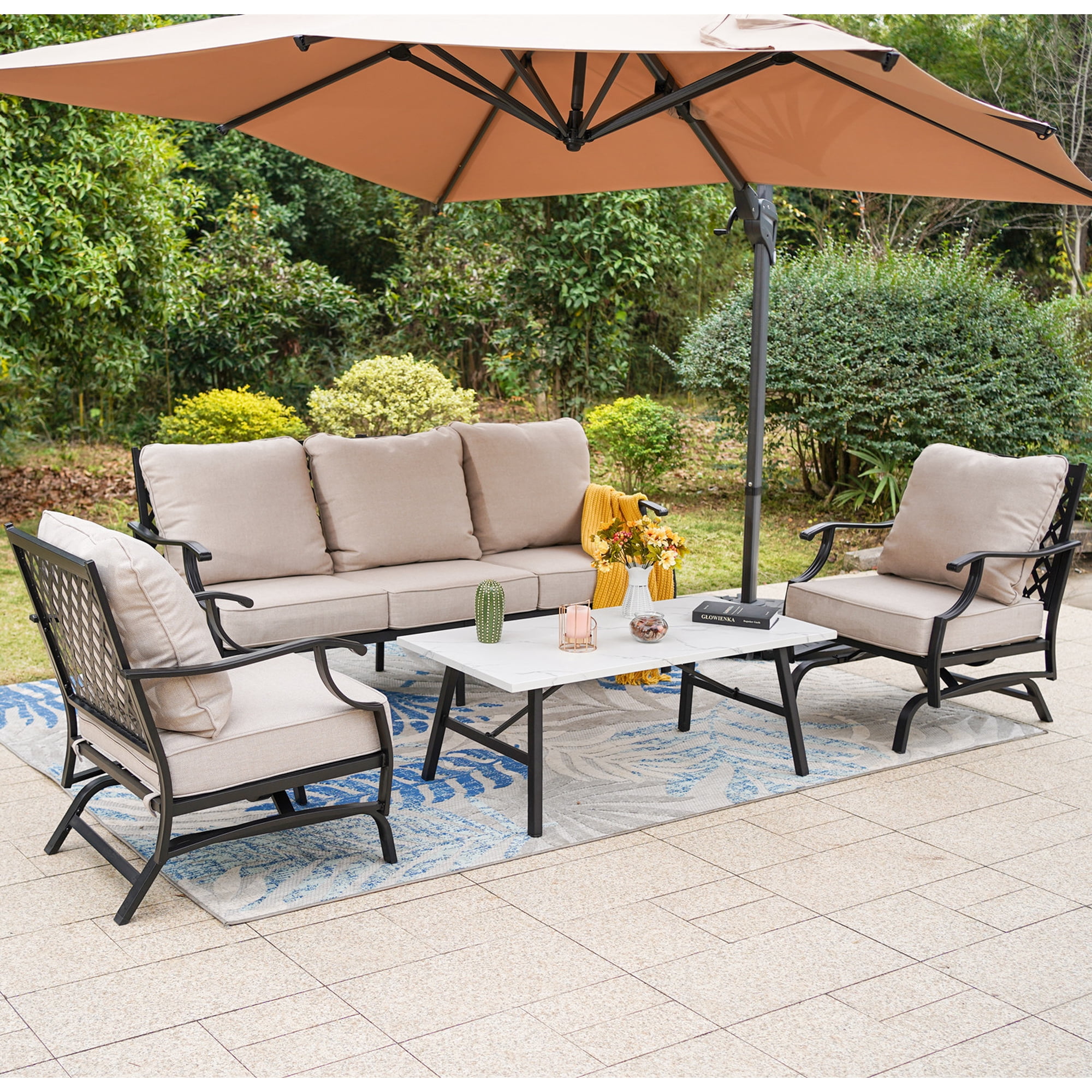MF Studio 5-Seat Patio Conversation Set Metal Outdoor Furniture Sofa Set for 5 Person Beige