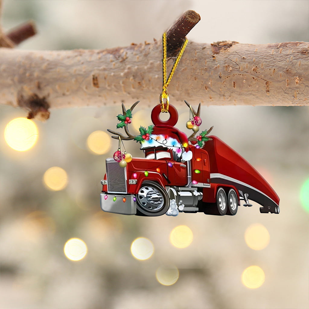 IRYNA Christmas Tree Hanging Ornaments Novelty Cute Car Fire Truck Digger Excavator Wooden Tag Pendant Xmas Party Decoration