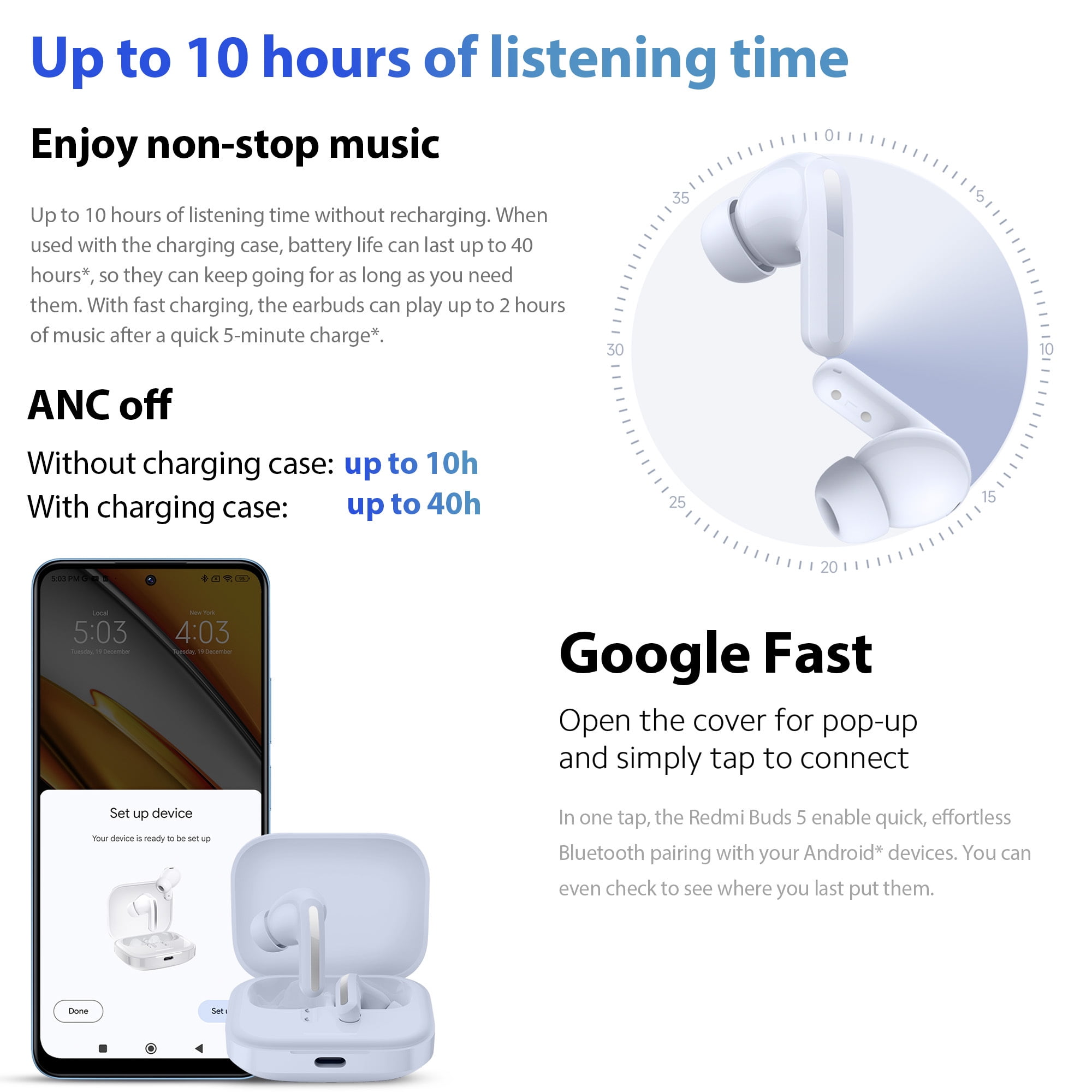 Xiaomi Redmi Buds 5 Sports Noise Canceling Bluetooth In-Ear Earbud with Charging Case, Blue