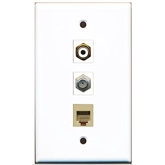RiteAV - 1 Port RCA White and 1 Port Coax Cable TV- F-Type and 1 Port Phone RJ11 RJ12 Beige Wall Plate