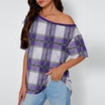 thumbnail image 2 of Htigea Off Shoulder Tops for Women Plaid Short Sleeve Shirt Casual Loose Fit Blouse Summer Tunic Tops for Holiday Party Purple S, 2 of 6